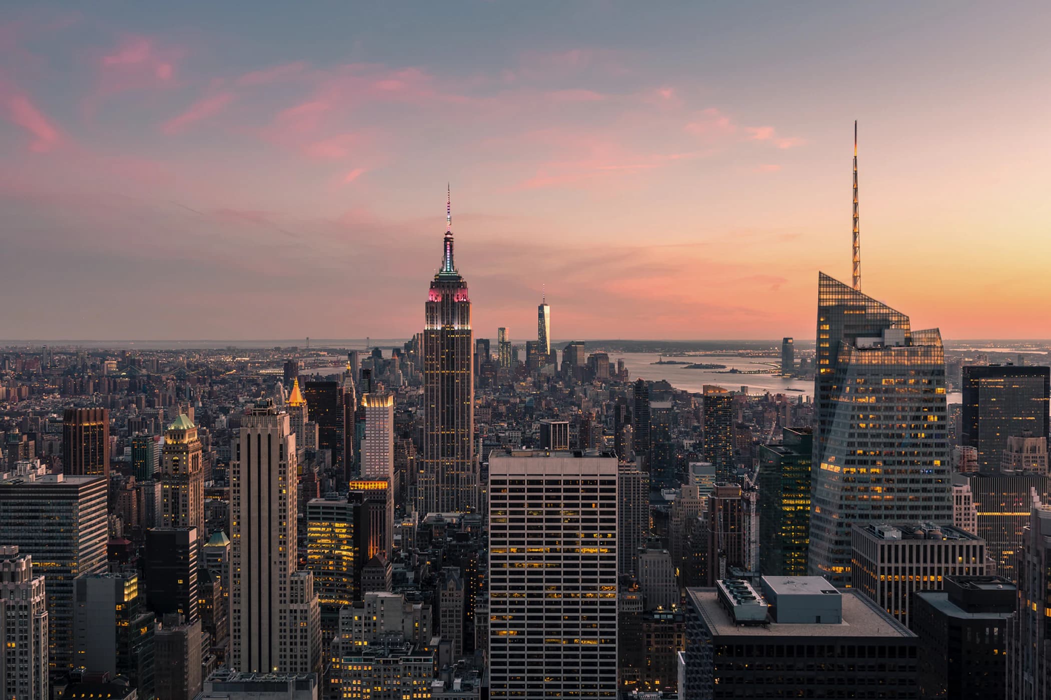 Sunset view of the Empire State Building and the New York City skyline.